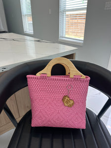 small eco friendly handbag with wood handles(mercado bag)