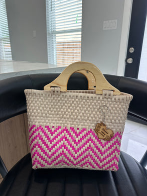 small eco friendly handbag with wood handles(mercado bag)