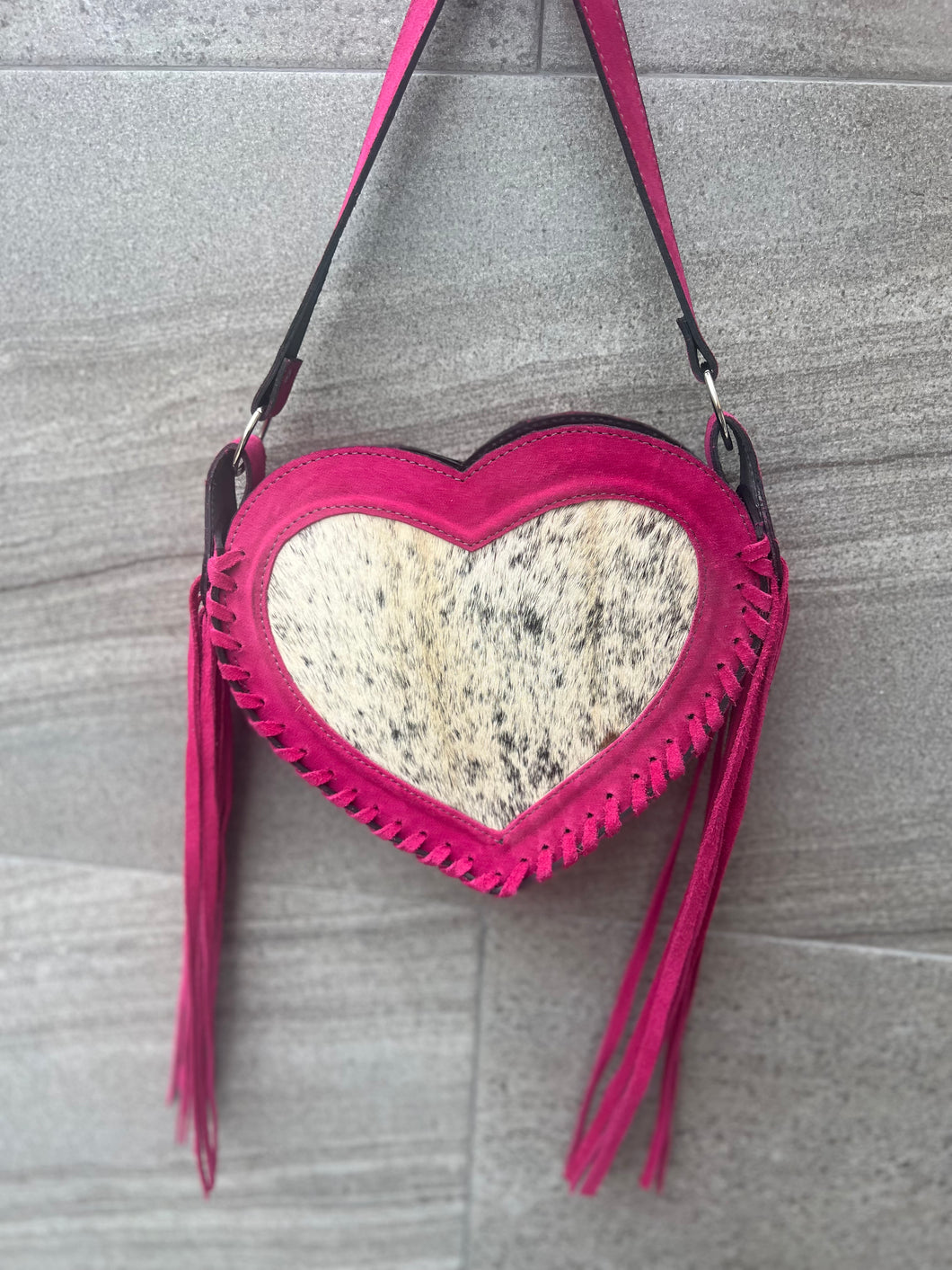 Heart cowhide crossbody fuchsia