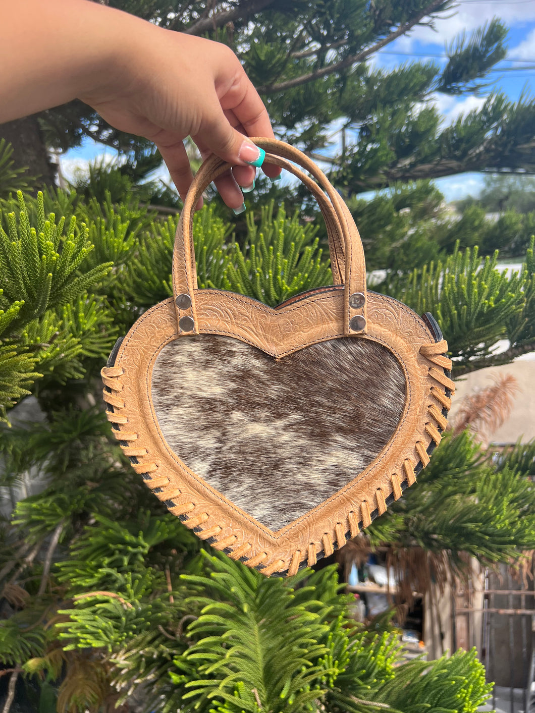 Heart Handbag Cowhide Natural