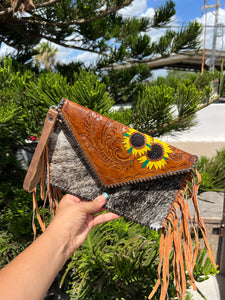 cowhide wristlet bag fringe girasol/sunflower