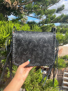 cowhide tooled crossbody black