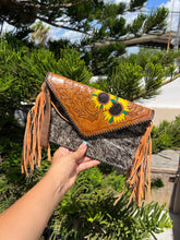 Load image into Gallery viewer, cowhide wristlet bag fringe girasol/sunflower