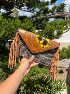 cowhide wristlet bag fringe girasol/sunflower