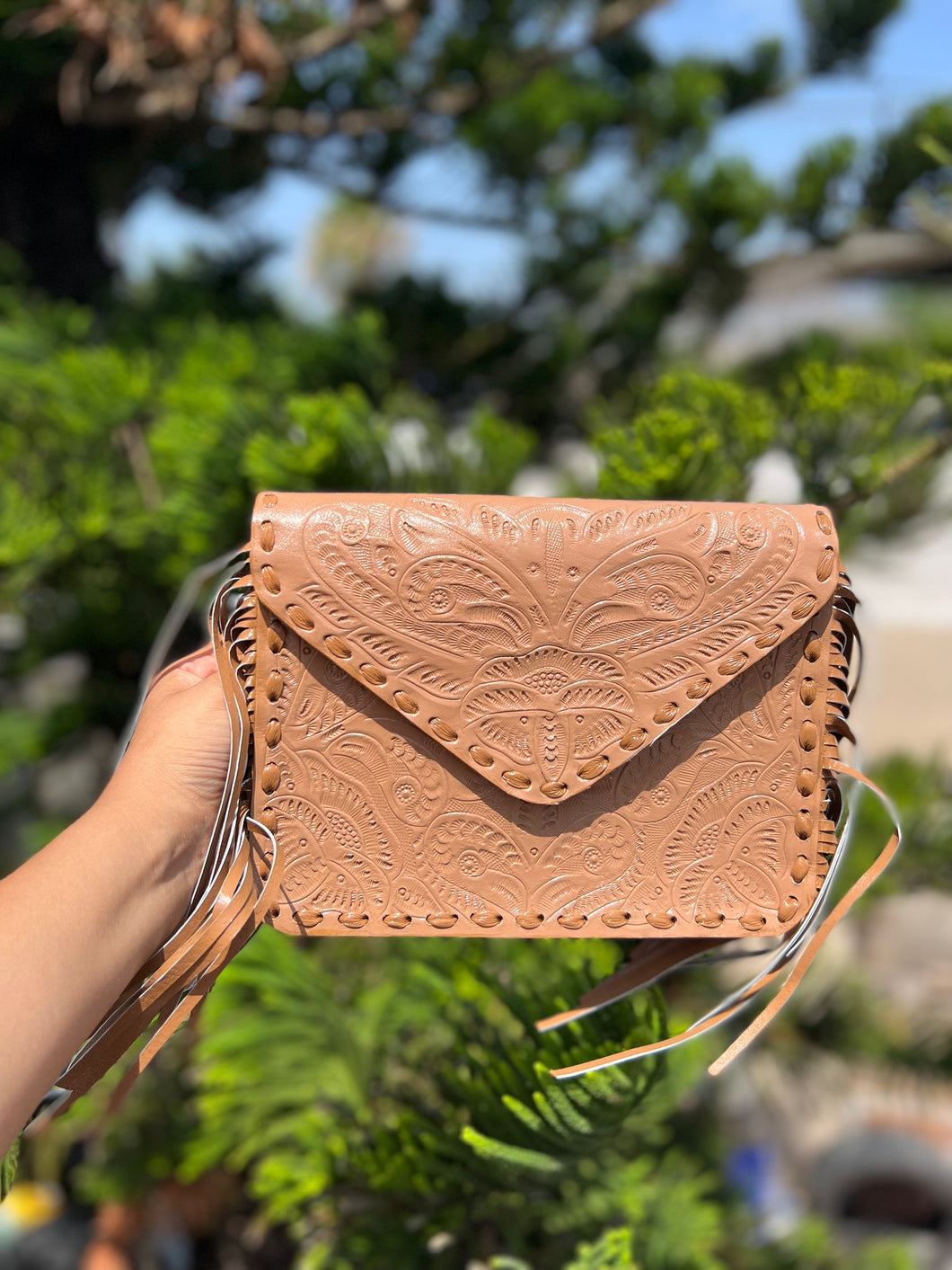 Leather Crossbody Fringe Beige